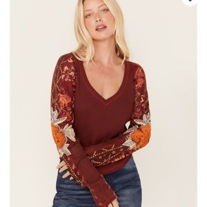 NWT Free People Amara Embroidery Trimmed Long Sleeve Top in Garnet Grotto XS